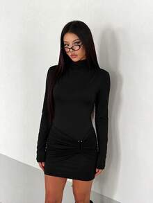Autumn Solid Color Mock Neck Fitted Long Sleeve Ruched Mini Dress, Casual Basic Elegant Dress - Black - View 6