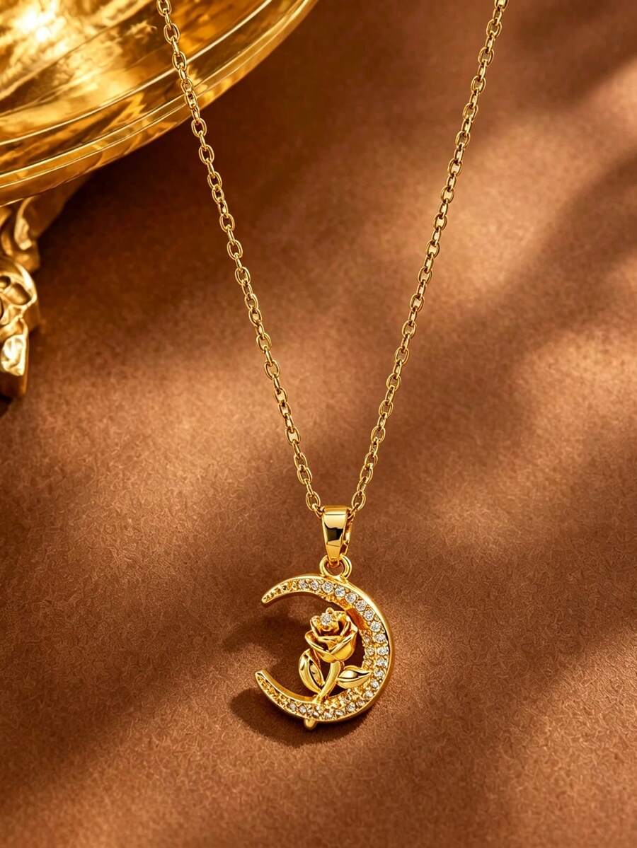 1 Set Random Elegant Style Floral Element Inlaid Glass Stainless Steel Women's Pendant Necklace Suitable For Dating/Vacation Wear - Yellow Gold - View 1