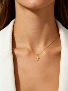 1Pc Dainty Cross Cubic Zirconia Pendant Necklace,14K Gold Plated Copper Pendant Stainless Steel Chain,Women Jewelry For Daily Wear Birthday Party Gift - Gold - View 2