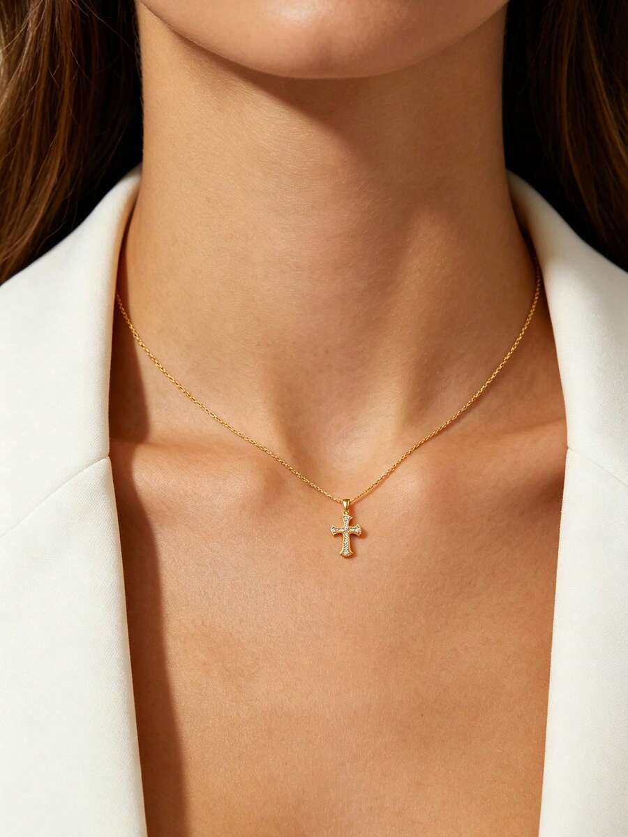 1Pc Dainty Cross Cubic Zirconia Pendant Necklace,14K Gold Plated Copper Pendant Stainless Steel Chain,Women Jewelry For Daily Wear Birthday Party Gift
