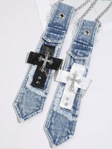 1pc Y2K Hot Girl Snowflake Wash Denim Tie With Rhinestone Cross, Frayed Edge Chain Halter Neck Personalized Shirt Accessory - Multicolor - View 3