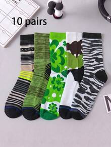 1/5/10 Pairs Men's Mid-Calf Socks, Fun Green Striped Cartoon Unisex Sports Style Long Socks, Crazy Happy Socks - Multicolor - View 23