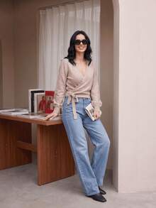 Women's Solid Color V-Neck Tie-Front Knit Sweater, Minimalist Fashion Open Front Design, Suitable For Autumn/Winter - Camel - View 3