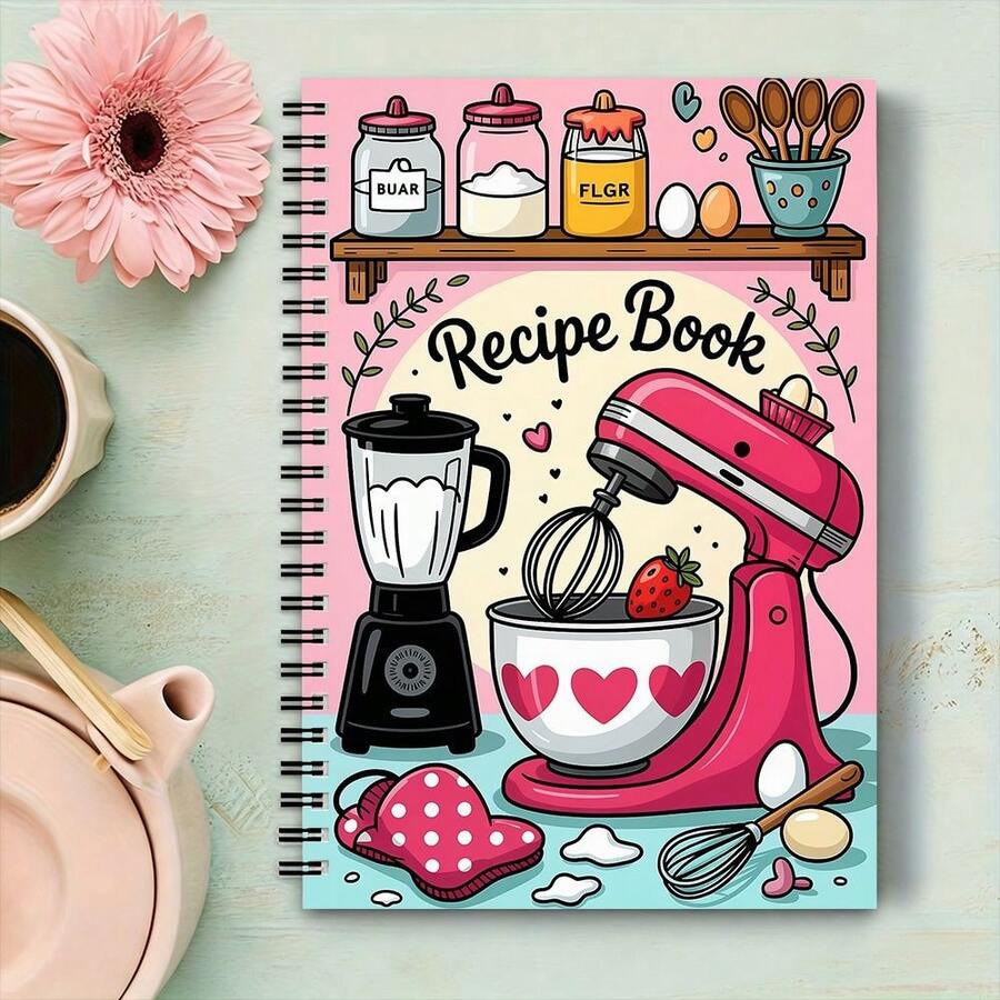 1Pc, Cute Cartoon Kitchen Theme, Spiral Recipe Book, Recipe Book With Pink Mixer And Blender Illustration, 21Cm X 14.5Cm, A5 Format, Cooking Notes Organizer, 30 Sheets (60 Pages) Perfect Gift For Home Bakers - Rectangle - View 1