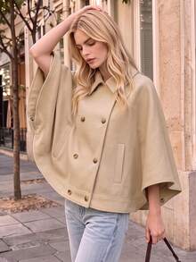 Fall Vintage Light Khaki Lapel Double Breasted Cape Jacket For Women, Loose Short Poncho Coat For Work Party - Khaki - View 9