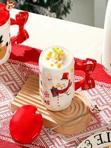 1pc Christmas Ceramic Mug With Bow-Shaped Handle, Santa, Snowman & Reindeer Pattern Coffee Cup, Red Lid And Cute Stirrer Included, Holiday Table Decoration, Festive Drinkware For Coffee & Cocoa, Ideal Christmas Gift For Family And Friends - Multicolor - View 8