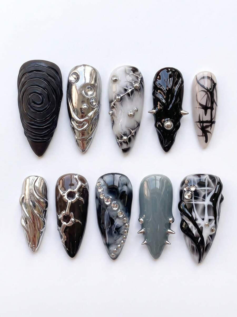 10 UNIDADES Unhas Postiças Y2K Halloween Feitas à Mão Médias Amendoa ...