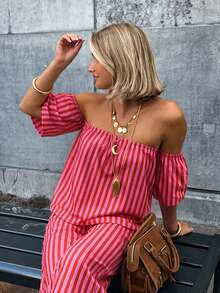 Women's Striped Contrast Sexy Casual One Shoulder Half Sleeve Top & Wide Leg Pants Set, Summer Beach Vacation 2 Pieces Outfit For Holiday Elegant - Multicolor - View 4