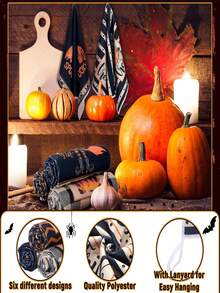 4/6/12 Pcs Halloween Pumpkin Gothic Kitchen Towels, Spooky Skeleton Dish Hand Towels Pumpkin Bat Kitchen Dish Towels For Halloween Bathroom Decor - Black - View 3