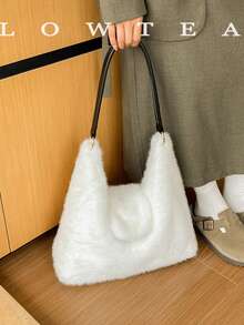 low tea 1pc Minimalist Fashion Wanderer Style Plush Fabric Shoulder Bag, Suitable For Commuting, Shopping, Etc. - White - View 10