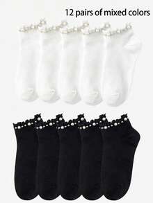 1/3/6/8/10 /12Pairs Women's Pearl-Embellished Ruffle Ankle Socks, Solid Color Casual No-Show Socks - Black and White - View 21