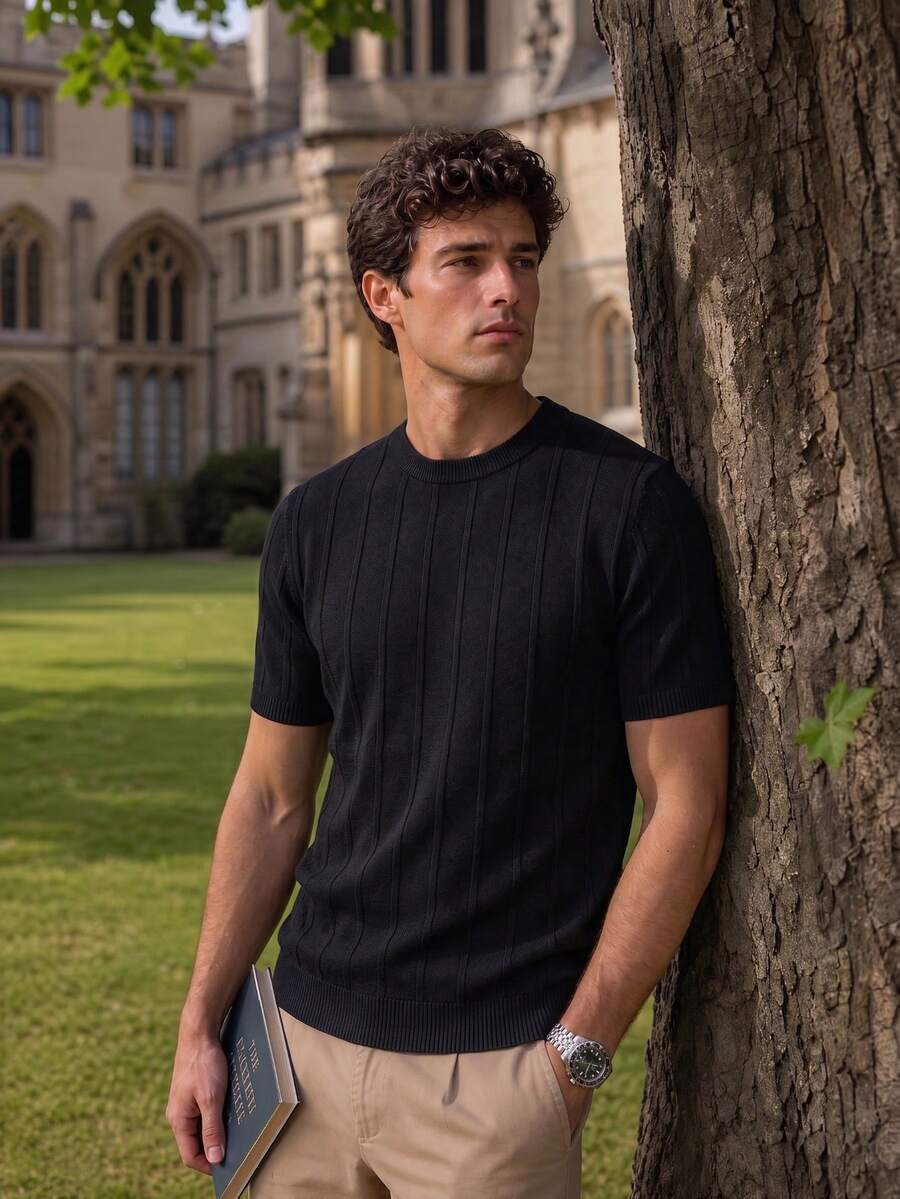 Men's Solid Color Vertical Ribbed Crew Neck Knit Short Sleeve, Minimalist Streetwear Basic Top - Black - View 1
