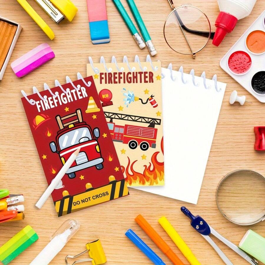 Firefighter Theme Spiral Pocket Notebook, Truck Firefighter Pattern Mini Notepad, Multi-Pattern Design Quick Note Book, Birthday Party Supplies Notebook - one-size - View 1