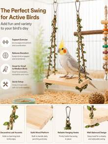 1pc Wooden Bird Swing Perch With Leaf Decoration, Hanging Platform Toy For Parrots, Small Parrots And Small Birds, Woven Rope Interactive Swing, Smooth Wooden Seat, Bird Cage Accessory, Suitable For Daily Play And Rest, Colorful Pet Bird Entertainment Supplies - View 3
