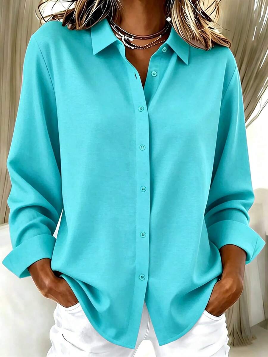Women's Plus Size Fashion Teal Woven Shirt Collar Long Sleeve Button-Up Top, Regular Fit And Length, Elegant Elegant - Mint Blue - View 1
