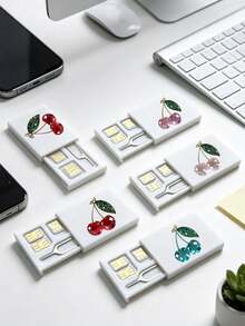 Crystal Cherry Print Card Holder, SIM Card Pin Slot, Comes With SIM Card Pin. Cherry Print Portable SIM Card Storage Box, Phone Card Holder, SIM Card And SD Card Storage Box, Travel Storage Box, Compact And Lightweight, Anti-Loss And Durable, Anti-Drop And Durable, Suitable For Smartphones, Tablets And Other Devices To Store SIM Cards/SIM Card Pins, Ideal Choice For Storing Backup SIM Cards When Changing Phone Numbers And Also A Great Gift. Suitable For Back To School Season, Teacher's Day. - Multicolor - View 7