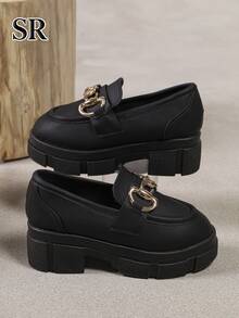 1 Pair Black Elegant Metal Chain Decor Girls' Loafers, Thick Sole Slip-On Fashion Shoes, Suitable For Daily And School Wear - Black - View 3