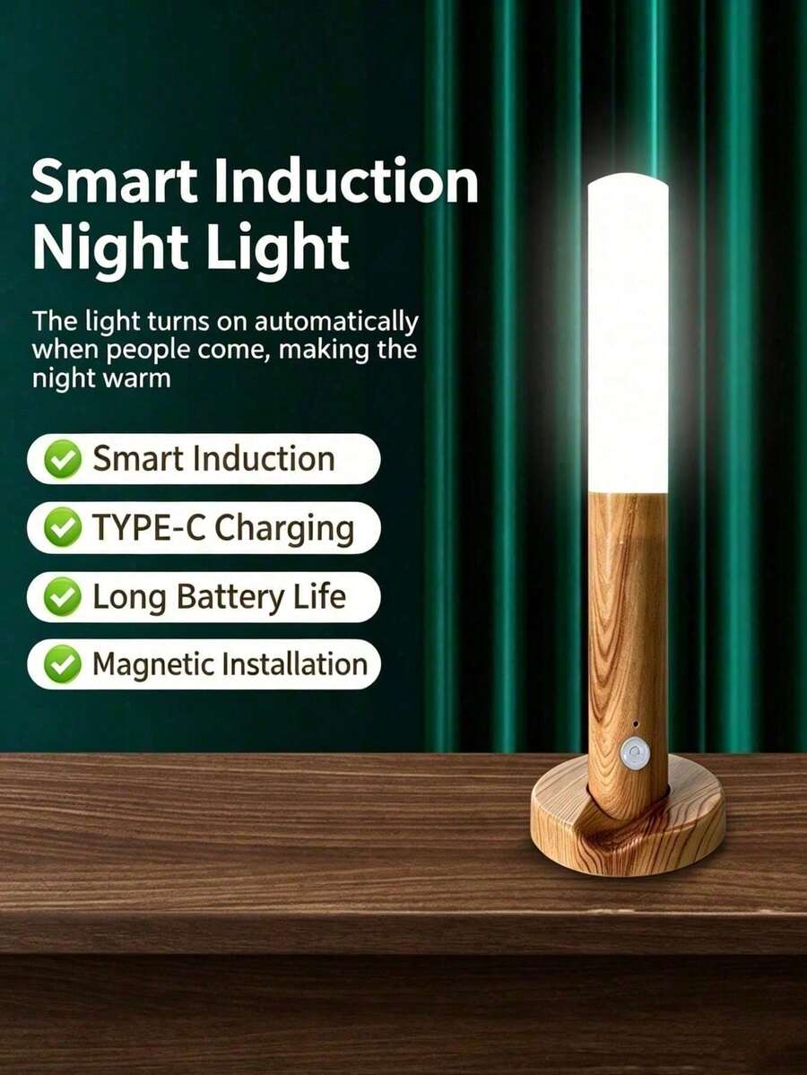 1pc Magnetic Handheld Motion Sensor Night Light, Wood‑Grain Rechargeable Wall‑Mounted LED Lamp, 3‑Color Modes, Type‑C Charging Wireless Induction Light For Hallway Wardrobe Bedroom - 3-color Dimmable Motion Sensor Wall Light - View 1