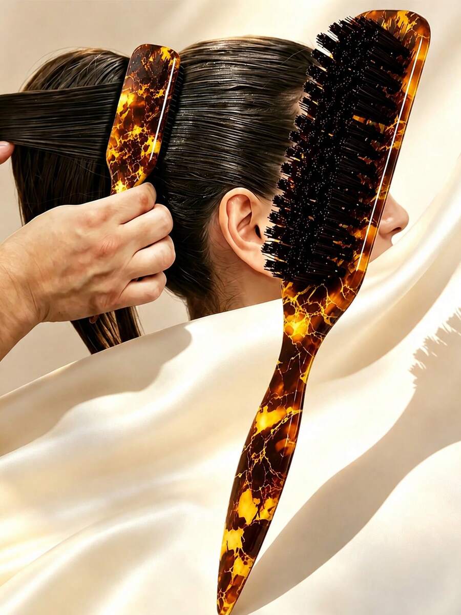 Yellow Plastic Back Brush, Unisex Smooth Back Comb, Plastic Hair Brush/Beard Brush, Styling Comb, Unscented Hairdressing Comb, Edge Control Comb, Wide Ponytail Design With Wide Pointed Tail Back Comb And Detangling Comb, Convenient For Parting, Styling, Polishing And Smoothing Hair, Creating Smooth Frizz-Free Hairstyle, Suitable For Men And Women, Recommended As Christmas Gift - Multicolor - View 1