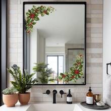 1pc Holiday Holly Berry Mirror Sticker, Double Corner Floral Leaf Frame Mirror Glass Decorative Decal - Multicolor - View 4