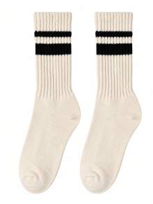 3 Pairs Men's Color Block Striped Mid-Calf Socks, Comfortable Breathable College Style Thick Stripe Slouch Design, Fashion Men's Autumn/Winter Sports Socks - Multicolor - View 2
