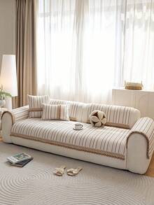 1pc Plush Ball Anti-Slip Anti-Dust Anti-Scratch Furniture Protector, All-Season Breathable Sofa Cover, Machine Washable Reusable Sofa Slipcover, Pet-Friendly Home Office Living Room Decorative Furniture Protection - Khaki - View 8
