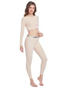 2pcs/Set Women's Thermal Underwear Set, Round Neck Top + Pants, Winter Base Layer Thermal Top And Leggings - Beige - View 3