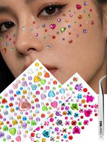 2/4 Sheets Love Square Flower Face Sticker, Stage Makeup Decal, Self-Adhesive Glue-Free Eye Makeup Rhinestone Decoration, Suitable For Holidays, Parties And Events, Nail Art Decoration, Concert Look, Create Clear Atmosphere Makeup Look - Multicolor - View 12