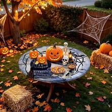 1pc Spider Web, Pumpkin, Skull Round Tablecloth, Halloween Tablecloth With Elastic Edge, Soft Wrinkle-Resistant, Waterproof Oil-Resistant Scratch-Resistant, Suitable For Round Dining Table, Outdoor Restaurant Decoration And Outdoor Party, Kitchen, Baking, Outdoor Decor, Outdoor Yard, Breakfast, Brunch And Party Decoration - Multicolor - View 7
