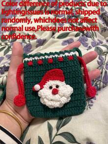 10/1pc Handmade Crochet Knitted Drawstring Storage Bag, Square Mini Soft Woven Pouch With Pom Pom Drawstring, 3D Santa Claus Snowflake Gingerbread Man Christmas Tree Applique Decor, Small Coin Purse, Christmas Holiday Party Decoration Gift Bag - Multicolor - View 12