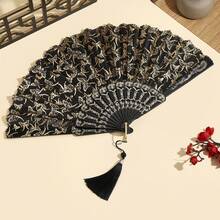 Black & Gold Foil Butterfly Rose Chinese Style Printed Folding Fan With Tassel, Handheld Fan For Evening Gown, Cheongsam, Hanfu, Runway Show, Each Fan Face Color, Pattern And Design Position May Vary Slightly - Multicolor - View 9