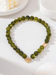 Deep Olive Green Textured Beaded OT Clasp Necklace - Green - View 10