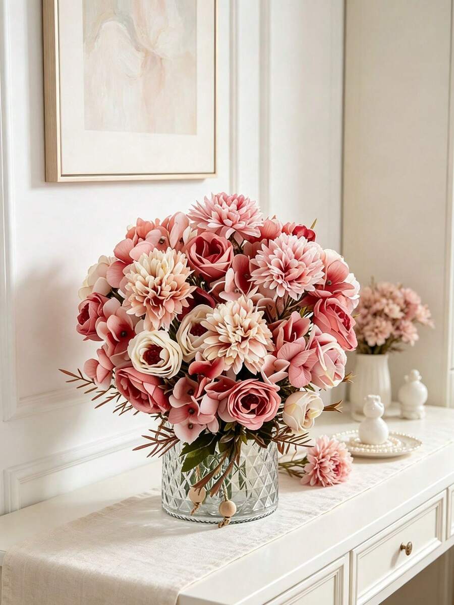 1pc Artificial Roses, Hydrangeas, And Mixed Small Daisies, Suitable For Birthday Parties, Party Decorations, Wedding Baskets, Bridal Bouquets, Home Decor, Valentine's Day, New Year Decorations, Outdoor Gardens, And Back-To-School Season. - Hot Pink - View 1