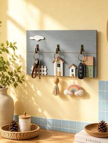 1pc 3D House Pattern Wooden Wall Hook, Nordic Fresh Style Cloud Shaped Decor, With 3 Metal Hooks, Wall-Mounted Key Rack, Suitable For Entryway Home Decor, All Season Daily Use - Multicolor - View 7