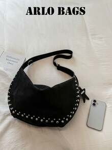 Shoulder Bag With Smooth Curved Silhouette, Rivet Trim, Casual Relaxed Vibe. Wide Adjustable Shoulder Strap For Comfortable Burden-Free Carrying. Large Capacity Interior Easily Stores Personal Items, Suitable For Daily Outings, Casual Shopping And Other Scenarios, Creating A Personalized Fashionable Look. - Black - View 3