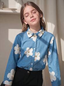 Áo khoác denim nữ mùa xuân/thu phong cách tươi mới in hoa, cổ bẻ, kiểu cardigan thoải mái năng động - Màu xanh lam - Xem 3
