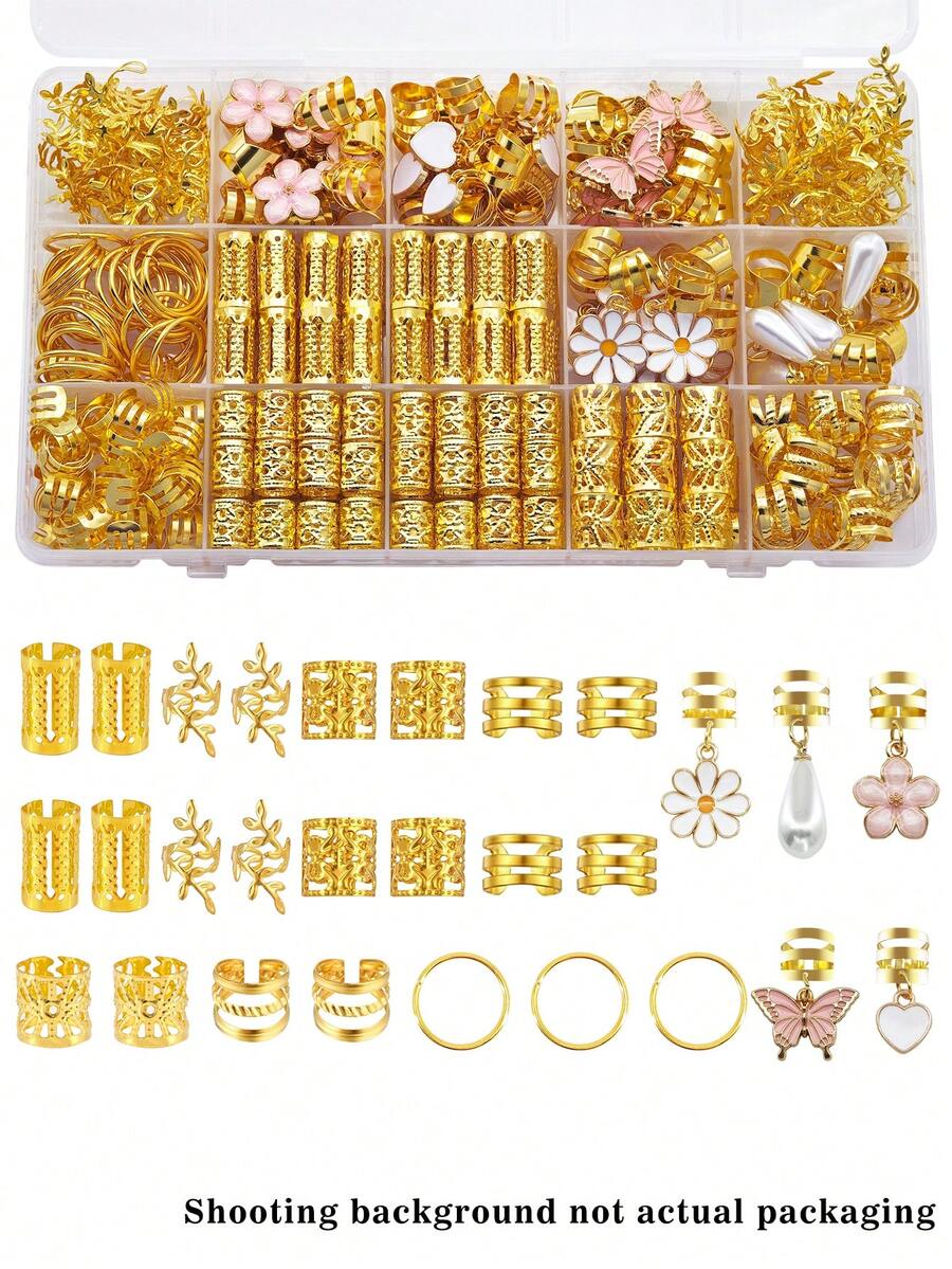 145件花卉幻想髮圈，附白色愛心、珍珠、雛菊、粉色蝴蝶與山茶花，多種形狀可調節編髮髮飾