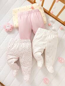 3 Sets Newborn Baby Girl Cute Light Pink Ditsy Floral Long Sleeve Romper Outfit, Soft And Comfortable, Suitable For Autumn School Wear - Baby Pink - View 1