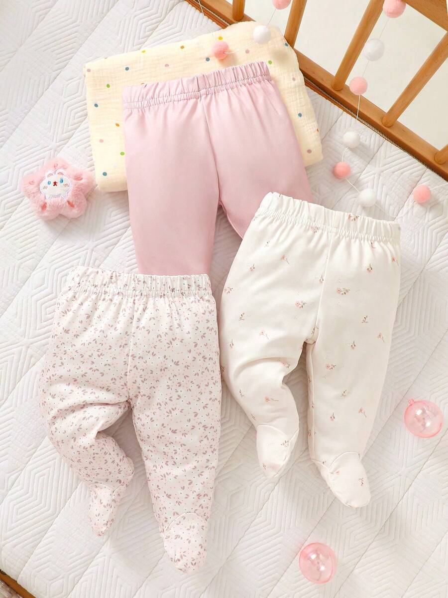 3 Sets Newborn Baby Girl Cute Light Pink Ditsy Floral Long Sleeve Romper Outfit, Soft And Comfortable, Suitable For Autumn School Wear - Baby Pink - View 1