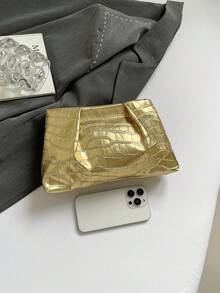 Autumn New Fashion Solid Color Clutch Bag Crocodile Texture Pleated Cloud Bag Solid Color Casual Bag Envelope Bag Makeup Bag Travel Accessory Bag Inner Bag Toiletry Bag Storage Bag - Gold - View 7