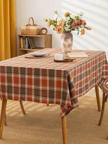 1pc Autumn Vintage Warm Yellow Plaid Tablecloth, Retro Country Style Dining Table Cloth, Home Restaurant Decor Table Cover - Rust Red - View 5