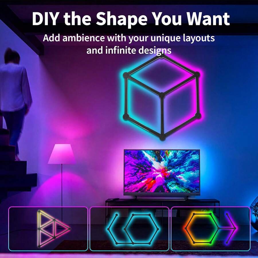 DIY 模組化 RGB 智慧壁燈，APP 控制幾何 LED 壁燈，音樂同步，1600 萬色 40+ 動態效果，易安裝模組化氛圍夜燈，適用於遊戲室、臥室、客廳、酒吧裝飾