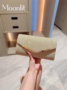 女士优雅时尚晚装包，迷你金属闪光翻盖方形包 - 金色 - 查看 2