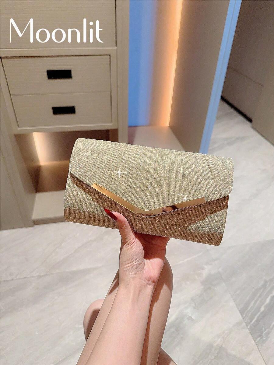 女士优雅时尚晚装包，迷你金属闪光翻盖方形包
