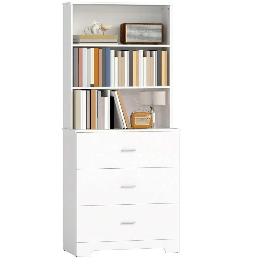 Libreria a 6 ripiani, mobile contenitore con 3 cassetti e 3 ripiani a giorno, 79 x 39,5 x 182,2 cm, bianco - A - Visualizzare 1