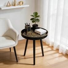 Round Tray Top Side Table, Mandala Floral Print, Black & Gold Luxury Printed End Table, Multi-Functional Coffee Tea Snack Decorative Table, Sofa Bedroom Bathroom Patio Garden Home Decor Storage Side Table - Black - View 6