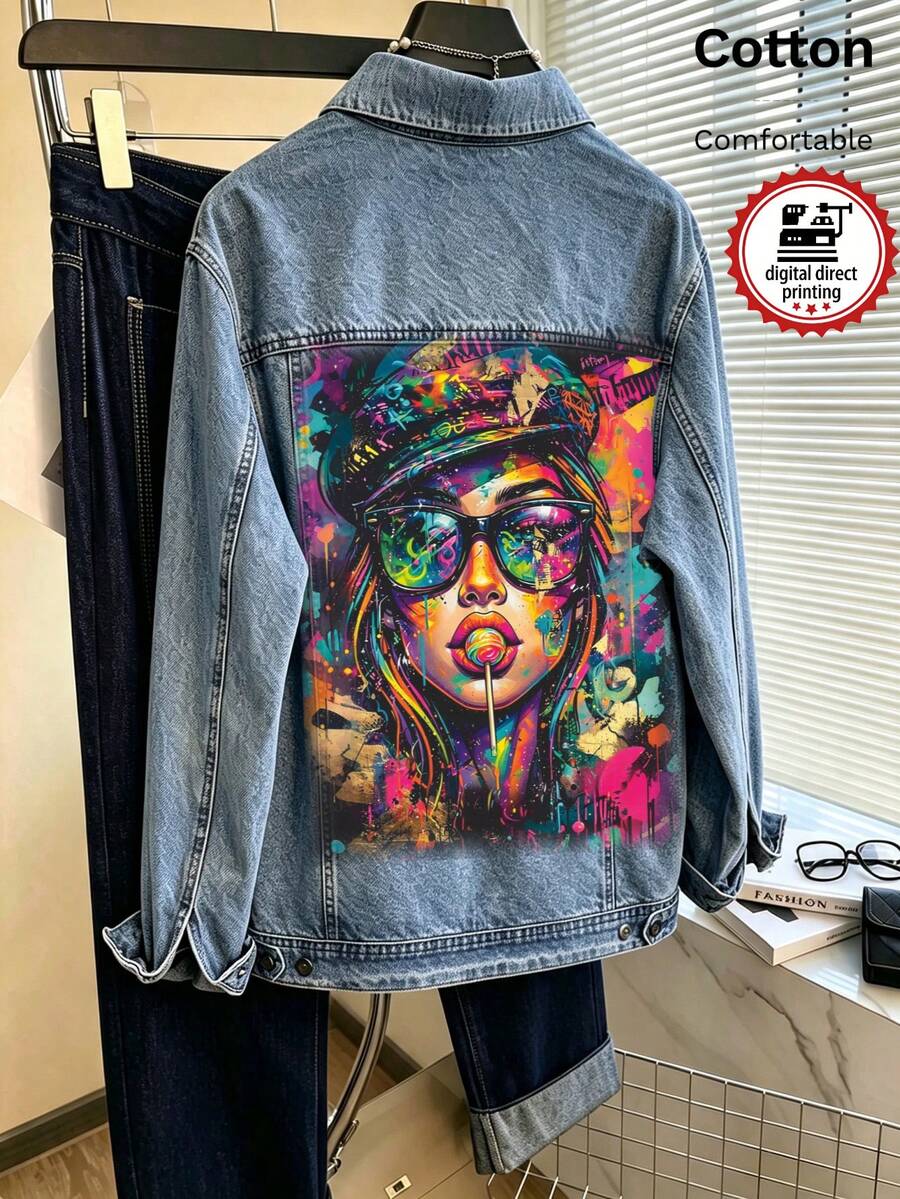 Women's Denim Jacket, Featuring A Graffiti Girl Design, White Ink Direct-To-Fabric Printing, Vintage Wash, Loose Fit - Light Denim Blue - View 1