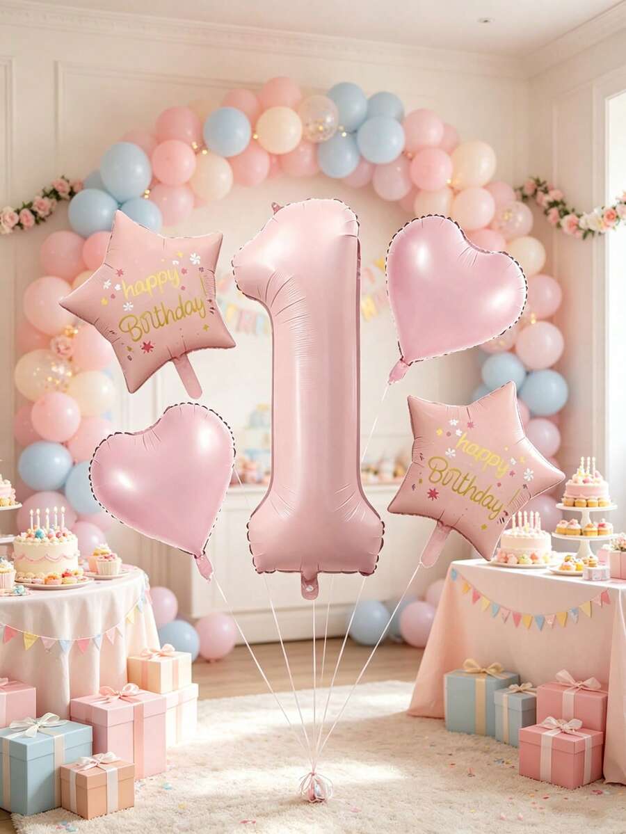 5pcs Set 40 Inch Blue Number 1, 18 Inch Blue Heart And Blue Happy Birthday Printed Star Foil Balloons For 1st Birthday Party Decoration - Pink - View 1