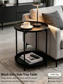 Small 2-Tier Nordic Round Table, Wrought Iron Coffee Side Table, Non-Slip Raised Tray Edge, Sturdy Iron Frame Sofa End Table, Ideal For Bedroom, Living Room & Apartment Decor, Free Storage Rack Included - Multicolor - View 3