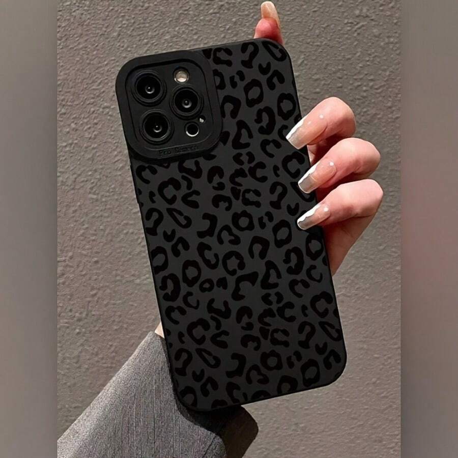 1PC Classic Black Leopard Print Full Coverage Matte TPU Phone Case, Compatible With Apple 17 16 15 14 13 12 11 Plus Pro Max Series, Personalized Ins Style - Black - View 1